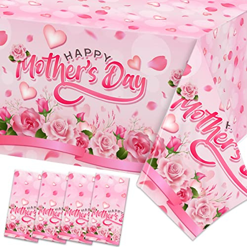 mokeja party Lot de 4 nappes rectangulaires jetables en Plastique imperméable pour fête des mères - 177,8 x 101,6 cm - Rose