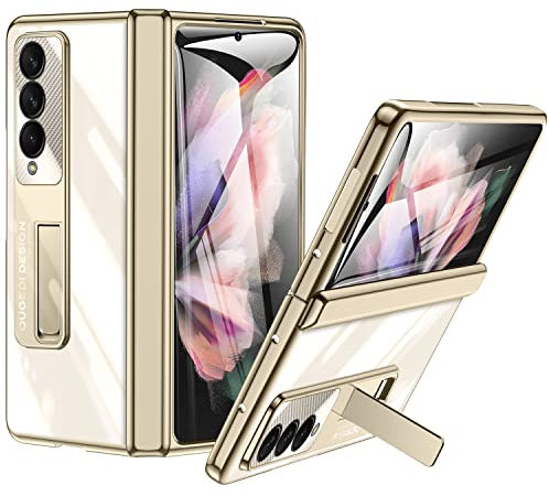 spoovcto für Samsung Galaxy Z Fold3 Hülle mit Federscharnier Kickstand & Transparent Überzug PC Crystal Clear Phone Case für Samsung Z-Fold-3 Gold