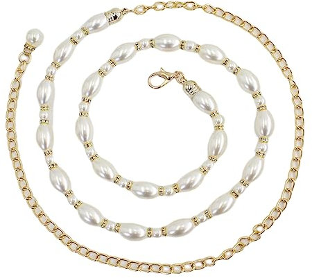 FAIRYGATE Gold Belt Women Womens Belt for Jeans Long Waist Chain Belts with Pearl & Fastening Stylish Clasp for Casual Semi Formal Shiny Look Outfits A3821