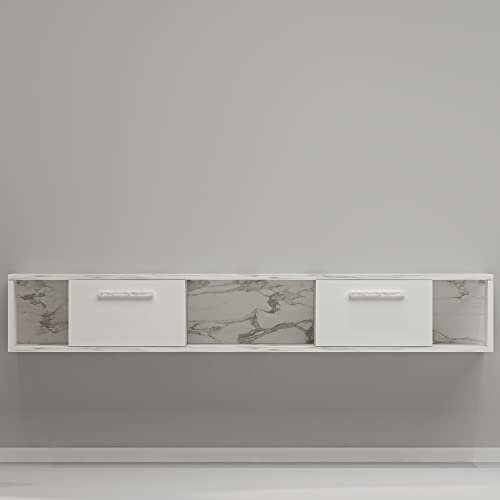 moebel17 TV-Schrank, Fernsehtisch,TV Lowboard,TV Tisch,Sideboard, hängend, Weiß Marmor Optik, Holz, Türen viel Stauraum,Board für Wohnzimmer,Hängeboard Designerstück,160 x 30 x 30 cm, 9581