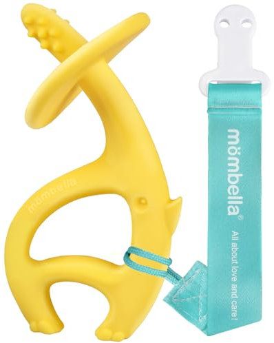 Mombella Elefante mordedor bebe 3-12 meses con clip, mordedores bebes 6 meses, juguetes bebes 9 meses, divertido juguete masticable para niños, fácil de sostener, regalo para recién nacido, amarillo
