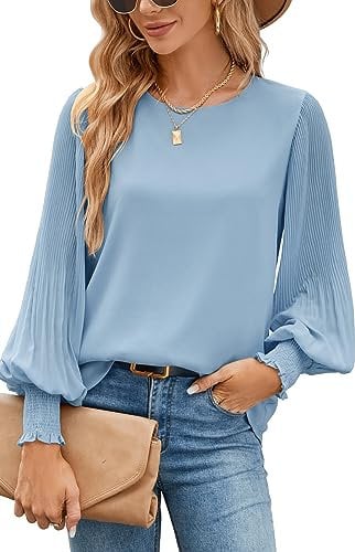 Oberteile Damen Musselin Chiffon Bluse Locker Blau Langarmshirt Elegante Falten Laternenärmel Lang Tunika Tops für Arbeit Business Formale Langarm Hemdbluse Herbst Mode Pullover