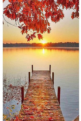 DCIDBEI Quadrato Diamond Painting Ponte 40x50cm - Alberi Acero Rosso, Paesaggi Spiaggia, Tramonto sul Mare - Puzzle Mare