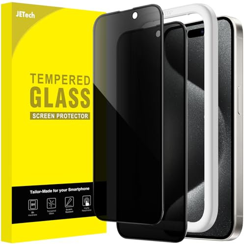JETech Protector Pantalla Privacidad Cobertura Completo para iPhone 15 Pro 6,1 Pulgadas, Borde Negro Cristal Vidrio Templado Antiespia con Marco de Instalación Fácil, 2 Unidades