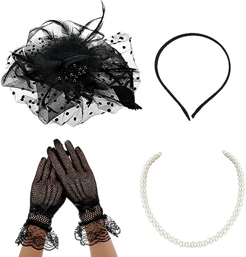 Sibba Damen Fascinatoren Hüte Federn Schleier Netzhut Spitze Handschuhe Perlen Choker Halskette Teeparty Clip Kopfschmuck Haarschmuck Für Party Kirche Hochzeit 3 Stück Schwarz