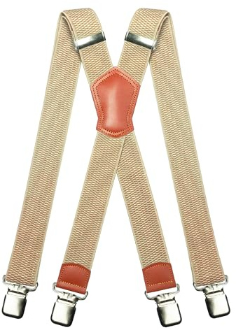 JEMYGINS Herren Hosenträger Breit 3.8 cm mit Starken 4 Metall Clips Lang Einheitsgröße Einstellbar und Elastisch X Style für Männer und Damen Beige