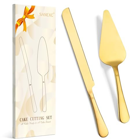 Extended Cake Cutting Set for Wedding - Knife and Server 2 Pcs Gold