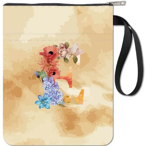 CRASPIRE Initial Letter E Book Sleeve with Zipper Flower Book Lovers Gifts Hardcover Paperbacks Waterproof Book Pouch Bag Protector Front Pocket Case Cover for Women Friends Readers Librarian