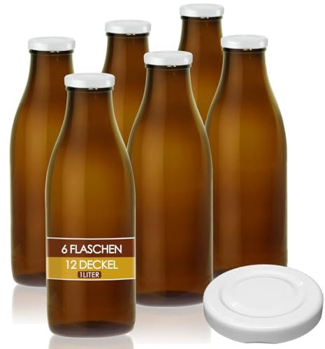 Geniess-Bar! 6 Braune Glasflaschen 1 Liter Milch Flaschen 12 Twist off Schraubverschluss Deckel leer zum Befüllen erhältlich mit 2/4/6/9/12/15 Weithalsflaschen hitzebeständig