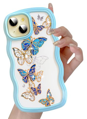 UEEBAI for iPhone 15 Plus & 14 Plus Case, 6.7 Floral Wave Frame Cute Curly Flower Case with Aesthetic Pattern, TPU Slim Bumper Shockproof Protective Cover for Women Girls - Blue Butterfly