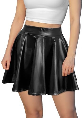 WERFORU Frauen Hohe Taille Gefaltete Skater Rock Modischer Glocken Rock für Damen für Freizeit/Musikfestival/Halloween