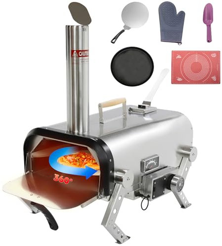 SKYCORPS Edelstahl Outdoor Pizzaofen, Holzbefeuerter Pizzaofen mit 30,5 cm automatisch drehbarem Pizzastein, tragbarer BBQ Grill für Hinterhofpartys, Camping und Picknicks (Silber)