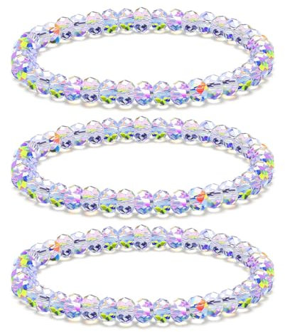 Cosmeria 3 Stück Aurora Borealis Kristall Perlen Armband Set, Modeschmuck Mehrschichtige Armbänder für Damen, Stretch Armband mit Edelstein Perlen (Transparenz)