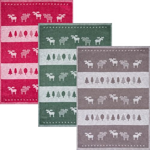 Kracht Geschirrtuch Elchreihe 3er-Pack Halbleinen rot/grau/dunkelgrün Größe 50x70 cm