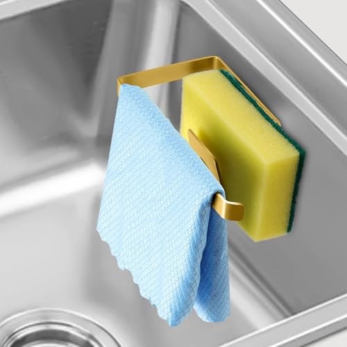 GAViA Sponge Holder Self-Adhesive Kitchen Organiser Dish Cloth Holder 304 Stainless Steel Kitchen Drain Shelf Sink Caddy Storage Organiser Aid Brushed Gold