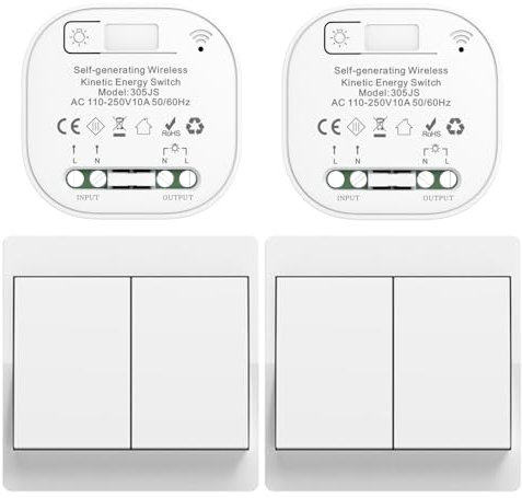 Cerhot funk lichtschalt funkschalt 230v funk lichtschalter ohne batterie set lichtschalter funk wireless light switch funkschalter batterielos funktaster funk-wandschalter für lichter (EU 2Gang 2V2 a)