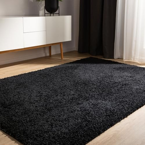 benuta Basic Hochflorteppich Teppich Wohnzimmer Sohari - Schwarz 160x230 cm - Minimalistischer Look - Weich & Waschbar - Für Schlafzimmer, Flur oder Esszimmer - Geeignet für Fußbodenheizung
