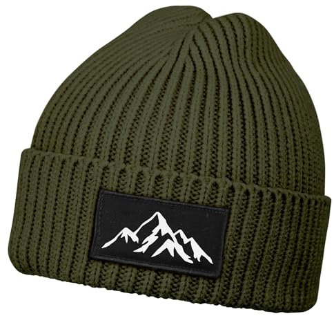 Neverless® Herren Beanie Wintermütze mit Patch Berge Mountain Aufdruck Print Strickmütze mit Umschlag Rippstrick Oliv Unisize