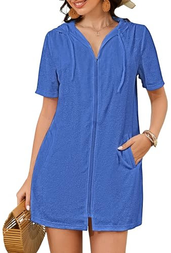 Bsubseach Terry Cloth Badeanzug Cover Up für Frauen Reißverschluss Hooded Bademantel Strand mit Taschen Sommer Blau M