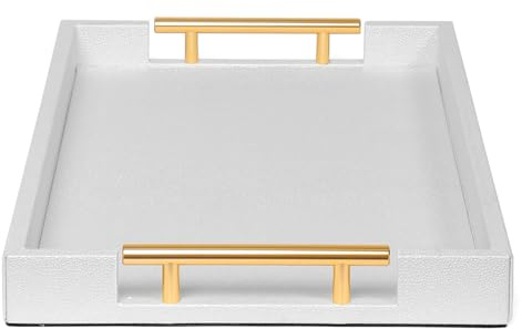 CHANG SONG Ottoman Coffee Table Tray Serving Tray 16x11 Faux Leather Shagreen Decorative Tray with Brushed Gold Handles for Living Room Kitchen（White）