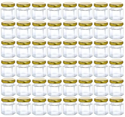 ATEK Hexagonal Glass Jars, 45ML Mini Mason Jars with Airtight Gold Metal Lid Small Glass Storage Jars for Preserves Pickles Jam Honey Spices Herbs DIY Crafts Wedding Favors Kitchen Containers (48P)