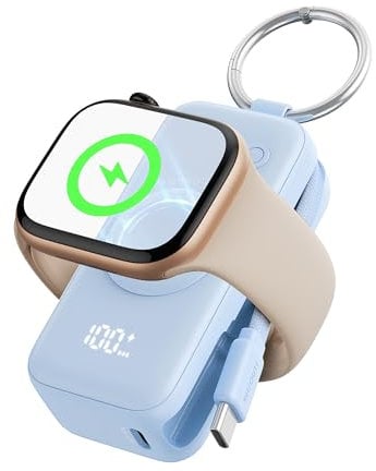 INIU Power Bank per Apple Watch, 5000mAh Caricabatterie Portatile con Cavo Integrato, Batteria da Viaggio Sottile con Portachiavi e LCD Display per iWatch 10/9/8/Ultra2/Ultra/SE