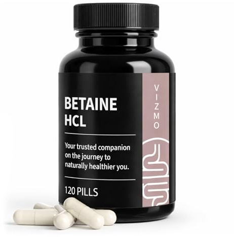 VIZMO Betain HCL 650mg, 120 Kapseln – Verdauungsenzym-Nahrungsergänzung | Unterstützt gesunde Verdauung, Nährstoffaufnahme und Darmgesundheit, Vegan-freundlich, Laborgeprüft, Hergestellt in der EU