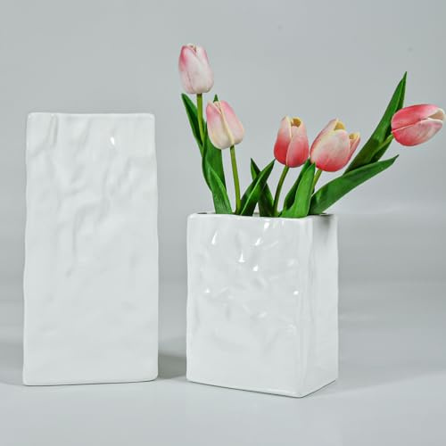 Keramik Blumenvasen 16cm + 25cm cremefarbene, Beinhome Moderne Dekorative Vasen für Pampasgras Tulpen Rosen Wohnzimmer Bücherregal Tischdeko Geschenk für Mama Oma