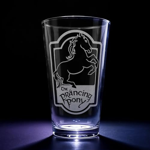 THE PRANCING PONY Engraved 16oz Pint Glass | Inspired by Tolkien One Ring and Middle Earth | Great Christmas Gift Idea | Unique Elvish Fantasy Wizard Fantasy Decor!