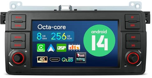 XTRONS 7 Zoll QLED IPS Android 14 Autoradio Qualcomm 665 Octa Core 8GB 256GB Eingebautes 4G LTE Car Play Android Auto HDMI-Ausgang WiFi GPS Bluetooth 5.0 Optional DAB OBD Für BMW E46 Rover 75 ZT