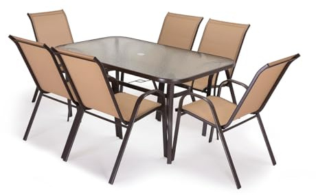 S & S Saldos y Stocks Mesa de Cristal Templado HC + 6 Sillas. Muebles de Jardin y Terraza, Marron