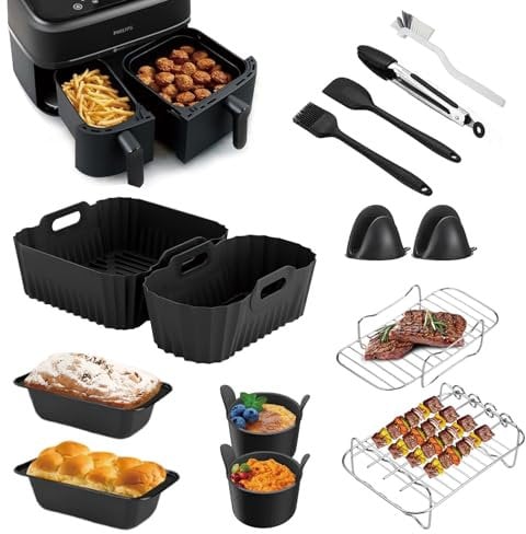 Heißluftfritteuse Zubehör für Philips Dual Basket 3000-Serie 9L(6L/3L), 14 Stück Wiederverwendbares Philips Airfryer 3000 Dual Basket Zubehör, Silikonform Airfryer Zubehör Set