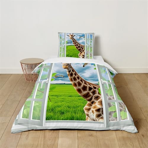 Hearda Kinderbettwäsche, Fenster-Tierdruck Bettwäsche Set für Bettwäsche Mädchen Jungen Mikrofaser Kuschelige Bettwäsche, Bettdecke und Kissen Set mit Reißverschluss (Giraffe,90x190cm)