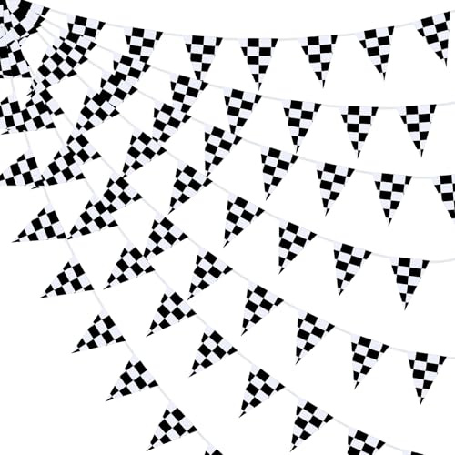 Pangda 3 Pcs 30 Meters Checkered Pennant Banner Racing Flag Race Theme | Black White Checked Fabric Flag, Triangle Bunting for Racing Party, Motorsports Car Theme, Race Car Birthday Party Decoration