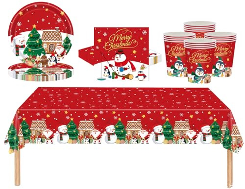 53Pcs Christmas Party Tableware Set for Table Decor,Snowman Santa Penguin 137x274cm Large Plastic Tablecloth Christmas Party Paper Plates Cups Napkins Dinnerware Set for Xmas Favor Tableware
