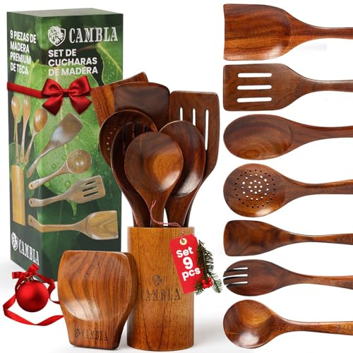 CAMBLA cucharas de madera utensilios Cocina Teca – Set de 9 Piezas con Cuchara, Espátulas, Palas Cucharones – Juego de Cocina Resistente, Antiadherente y Ecológico”