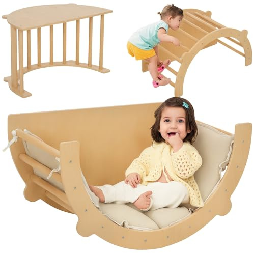 AIYAPLAY Arco Montessoriano 3 in 1 per Bambini, Struttura da Arrampicata, Tavolino e Dondolo con Cuscino, Età 18-48 Mesi, Legno Naturale