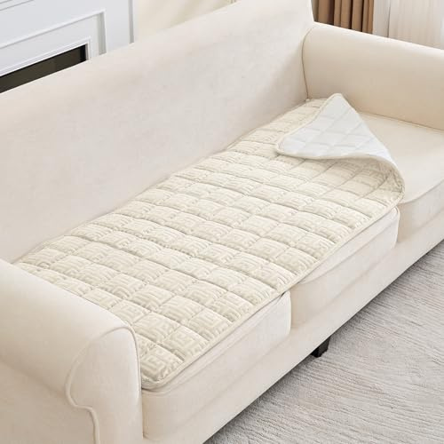 UNBBRRL Quilting Sofa Schoner Auflage Für Hunde, Dicke rutschfeste Abdeckung Sofa, Waschbare Couch Bezug Aus Geriffeltem Samt, Mit 4 Klettband (Ivory,70X70cm)