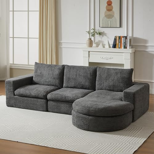 HAUSPROFI Chenille Ecksofa mit Schlaffunktion & gebogener Ecke, Modulares Kombinationssofa, Komprimierter Schaumstoff, Ohne Montage, L-Form, 251x160x81 cm, Grau