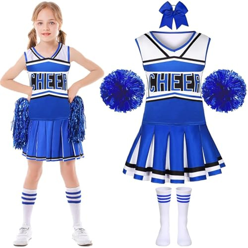 Krfapt Costume Pompom Girl Enfant - Tenue de Pompom Girl Fille 6-12 Ans avec Pompons - Déguisement Cheerleader pour Halloween, Carnaval et Fête Déguisée (bleu, 130)