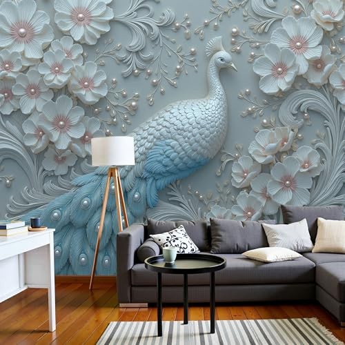 JEDTAKCT Papier Peint Motif Relief Dégradé Paon Fleurs De Perles Luxueuses, Papier Peint Panoramique Tableaux Photo Muraux Bleu Utilisé Pour Chambre, Salon, Fond Tv Décoration Murale 250X175Cm