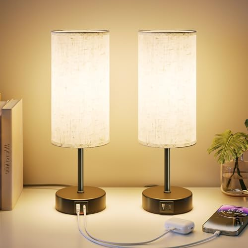 UPXNBOR Bedside Lamps Set of 2, Touch Table Lamps for Bedroom, Living Room | Desk Lamp with USB A+C Charging Ports, 3-Way Dimmable Touch Lamp, Warm Light, Linen Shade, 1.5 m Cable, E27 Incl., Black