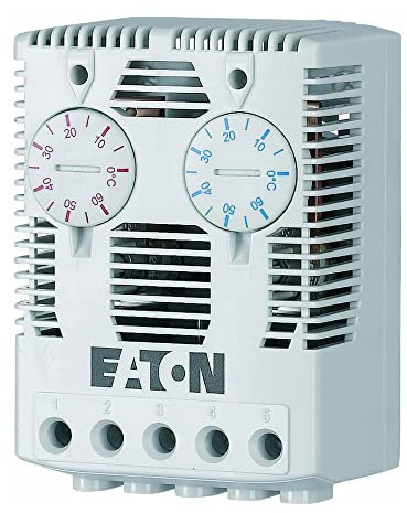 Eaton 167266 Twin-Thermostat, Stellbereich von 0 Grad C-60 Grad C, mit Öffner und Schließer, Netzspannung 240V, Schutzart IP20
