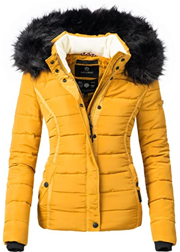 Navahoo Damen Winterjacke Steppjacke Miamor mit Kunstfellkapuze | Länge: po-bedeckend | Wärmegrad 3 von 3 – warm gefüttert | abnehmbare Kapuze mit voluminösem Kunstfellbesatz