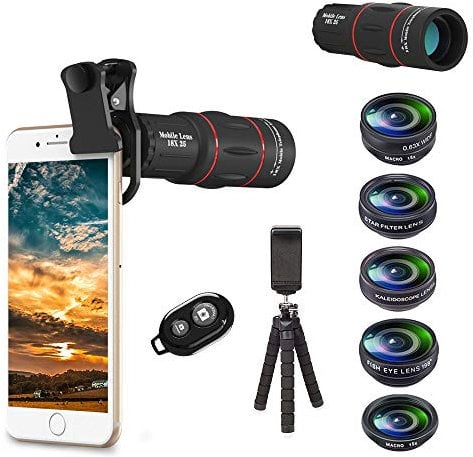 Apexel Handy-Kamera-Objektiv-Set, 18x Teleobjektiv/Weitwinkel- und Makro-Objektiv/Fischaugen/Kaleidoskop-Objektiv/Sternfilter mit Fernauslöser-Stativ für Phone