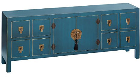 LOLAhome Mueble de TV de 8 cajones y 2 Puertas Oriental Azul de Madera para salón Sol Naciente, Ancho: 130 Cm. Alto: 50.5 Cm. Fondo: 24 Cm