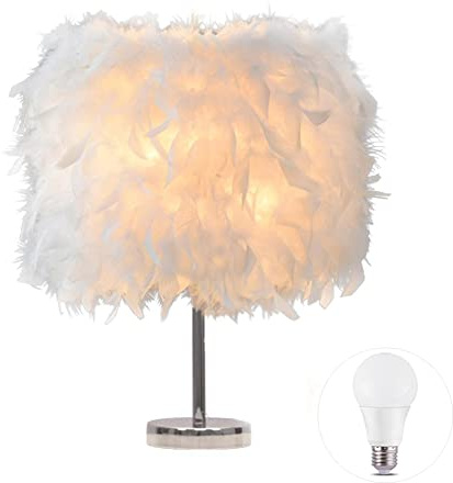 LIUNIAN Feather Nachttischlampe Nachttischlampenschirm Moderne Mode Federtisch Licht Schreibtisch Lampenschirm für Wohnzimmer Schlafzimmer Bar Restaurant Hotel Dekoration, Weiß
