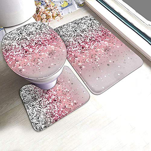 Rose Gold Pink Glitter 3 Pack Bath Mat Set Contour Bathroom Rugs Toilet U-Shaped Contour Rug Carpet