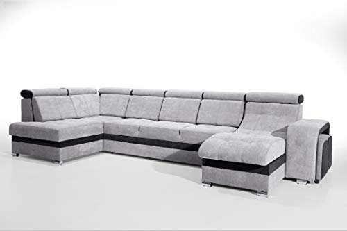 Robin Milan Ecksofa mit Schlaffunktion 2X Bettkasten 7X Kopfstützen 2X Hocker Sofa L-Form Schlafsofa Freistehende Eckcouch Schlafcouch Wohnzimmermöbel Wohnlandschaft Schwarz Grau