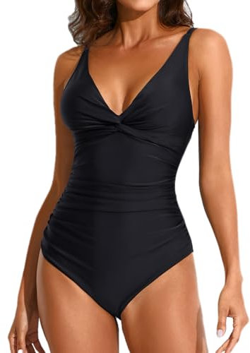 Smismivo Costume da Bagno Intero Donna con Scollo a V, Controllo della Pancia, Push up, Imbottito, Elegante, Curvy, Costumi da Bagno Spiaggia Estate Beachwear Nero